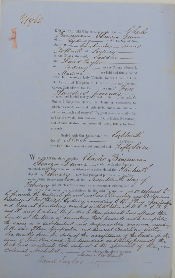 The contract to build Sydney Observatory, page 1. Document courtesy of NSW State Archives 
